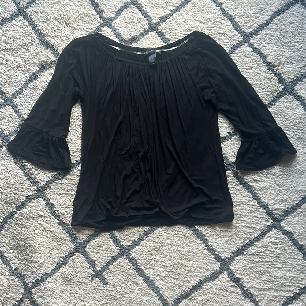 INC International Concepts Black Ruffled 3/4 Sleeve Blouse